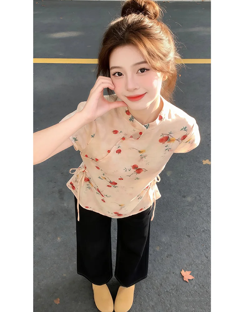 

Новая женская рубашка в китайском стиле с цветочным принтом, летняя, в национальном стиле, на пуговицах, укороченная, с улучшенным воротником-ципао, повседневная, свободного кроя