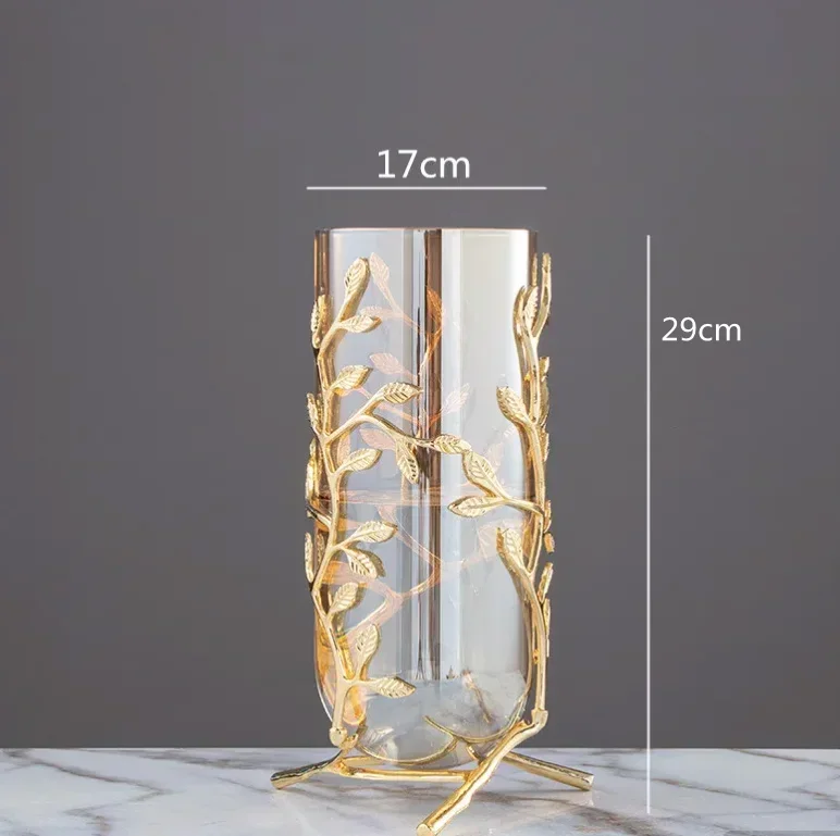 Gold Hollow Coral Vaas Transparante Glazen Vaas Ornament Metalen Rek Woonkamer Hydrocultuur Bloemstuk Woondecoratie