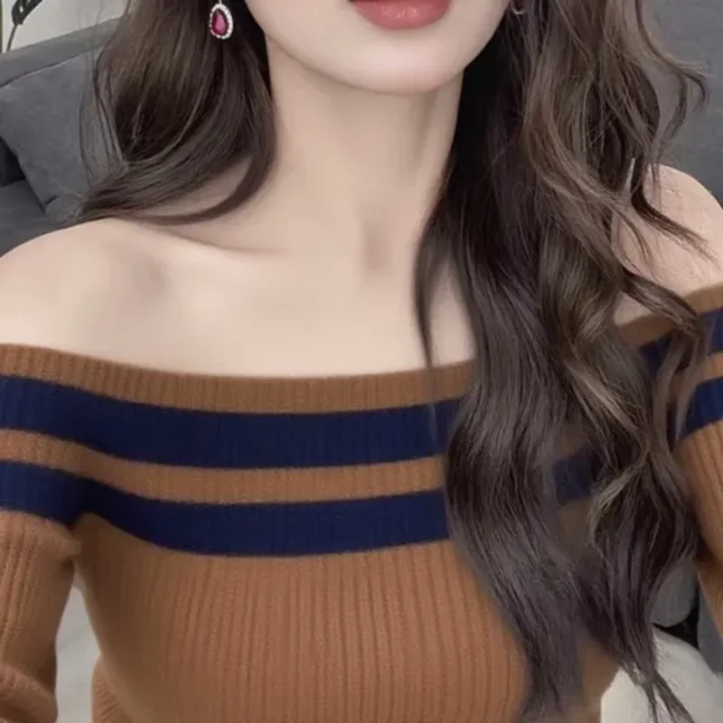 

Женский вязаный низ на одно плечо в стиле ретро с внутренним дизайном и осенними контрастными полосками, тонкий топ с длинными рукавами