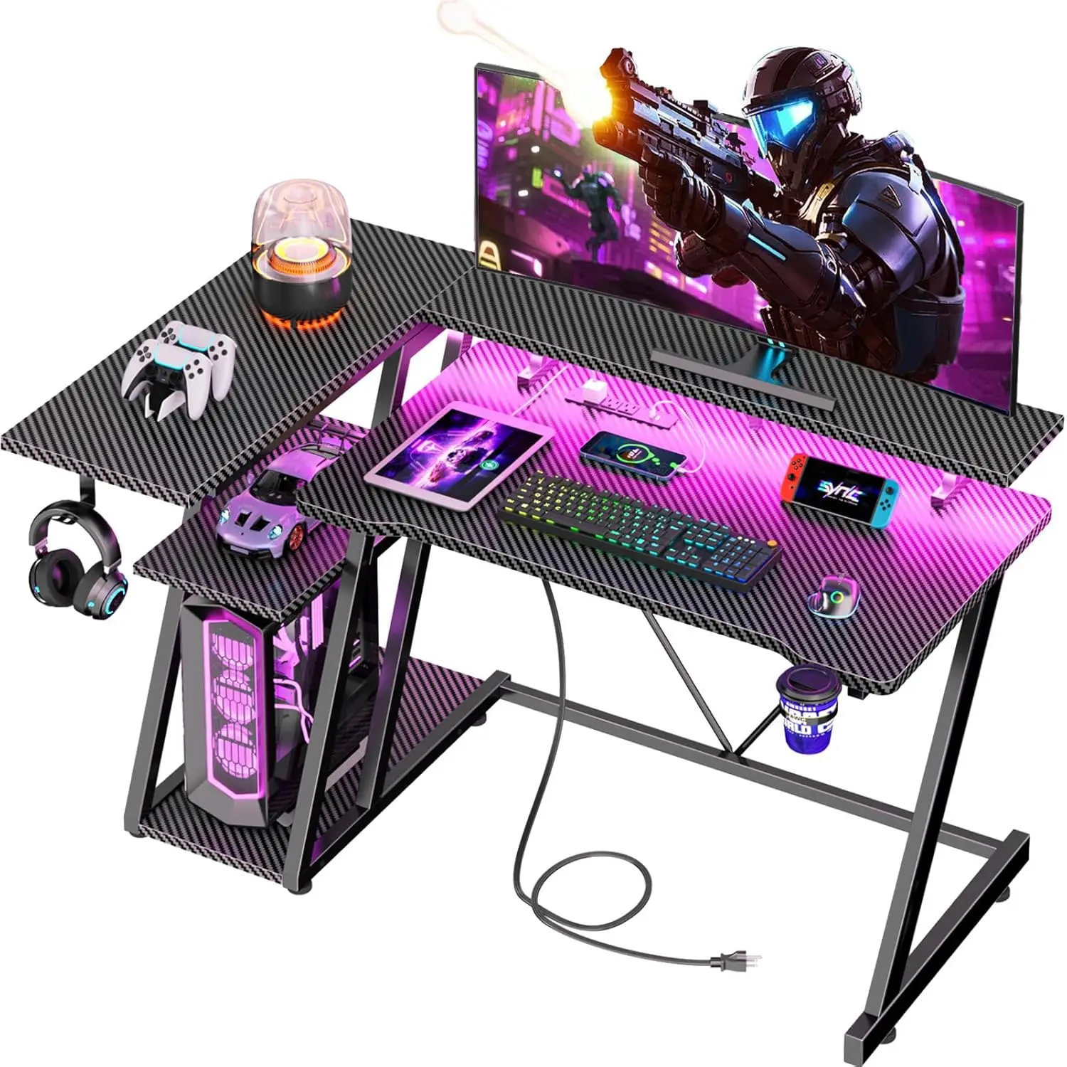 40 Inch Gaming Desk with Power Outlet & LED Lights, L Shaped Computer Gaming Table with 3 Tiers Storage Shelves,, Customized