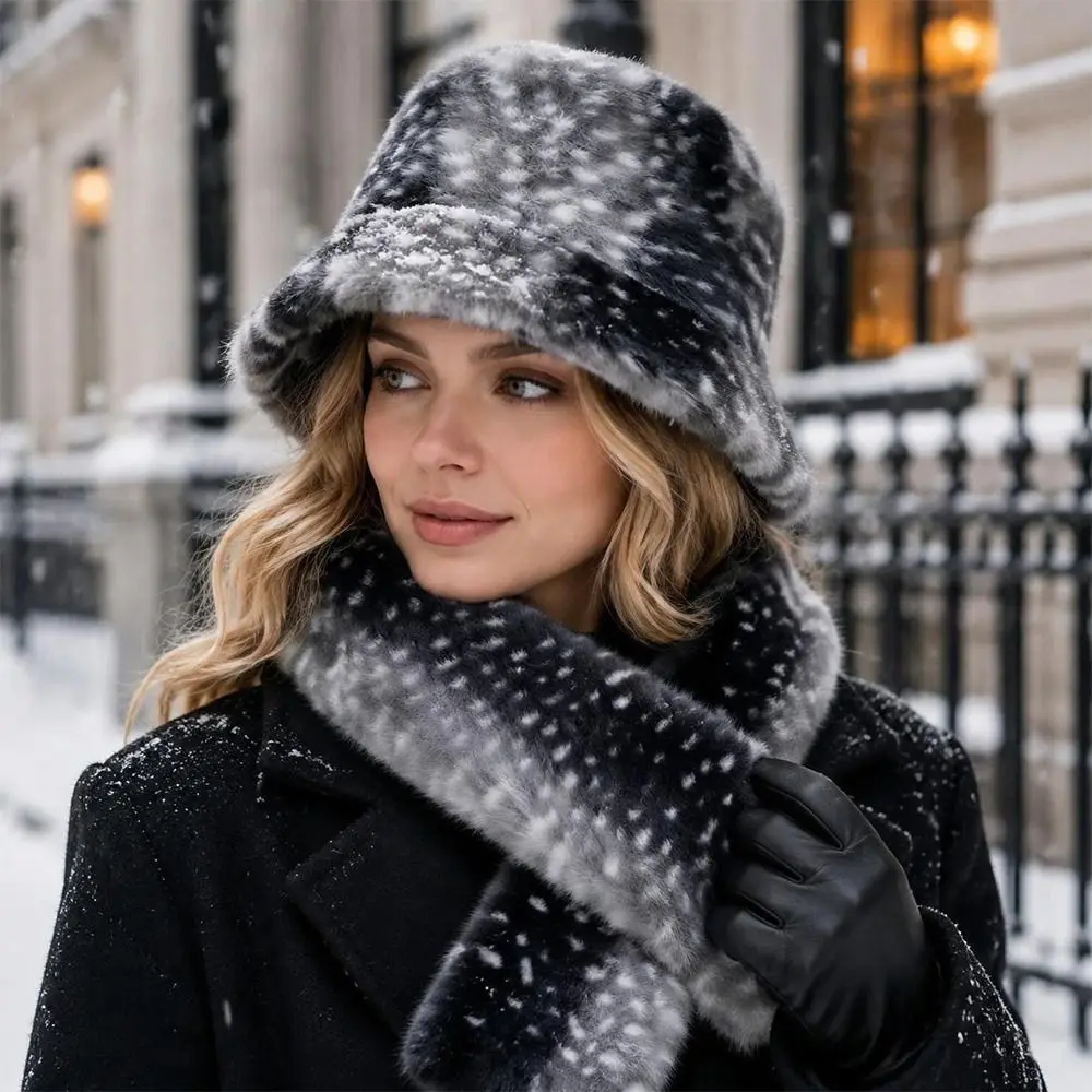New Faux Fur Winter Hat Scarf Set Thick Warm Windproof Winter Hat Scarf Ear Protection Fur Snood Scarf Women