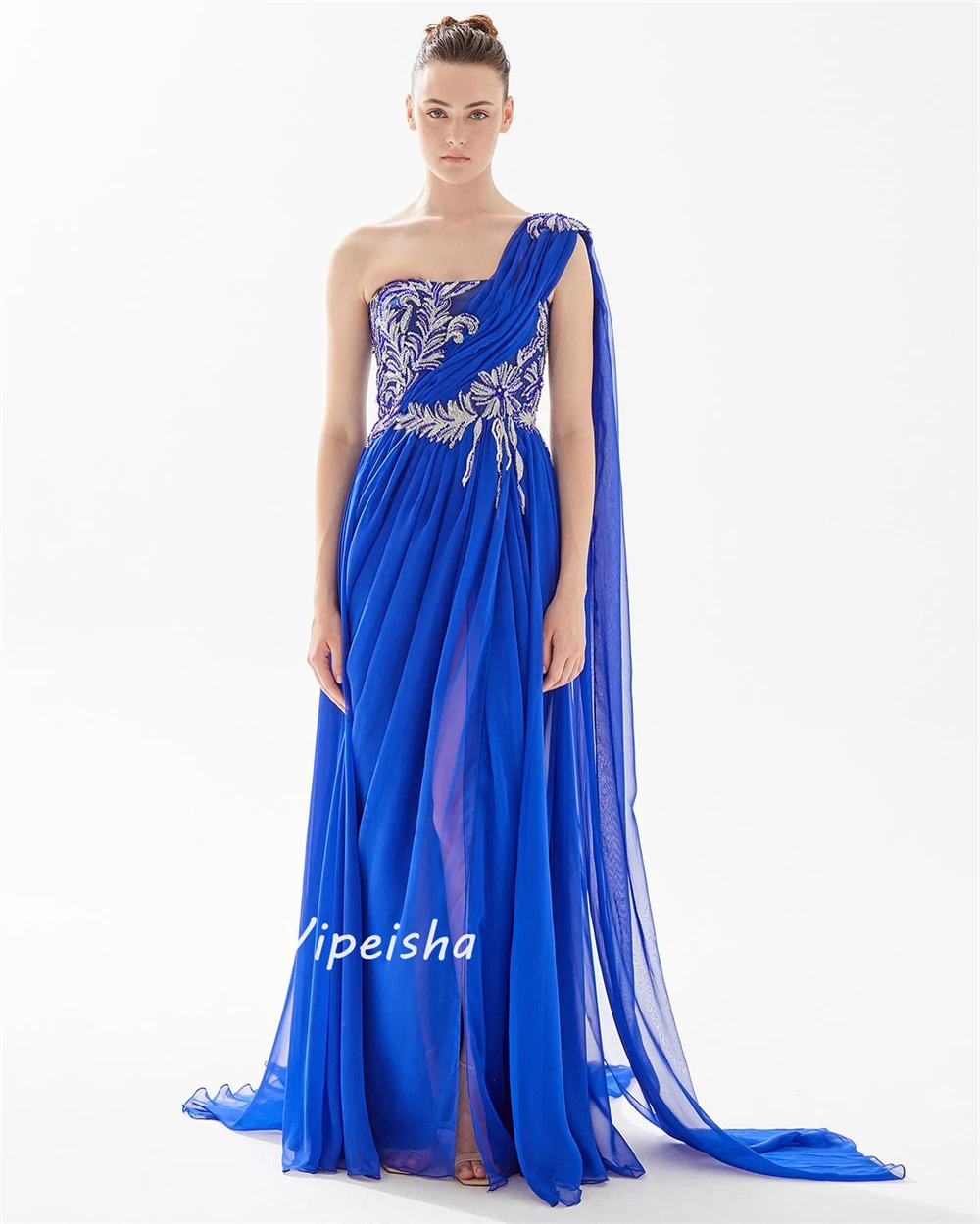 Jiayigong Yipeisha แฟชั่นคุณภาพสูงหนึ่งไหล่ A-Line Applique Draped ความยาวกระโปรงชีฟอง es