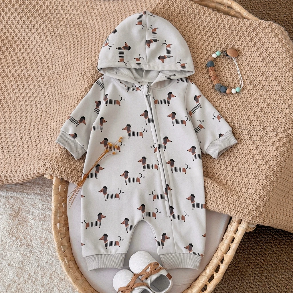 Autumn New Puppy Print Hooded Long Sleeved Crawling Suit Comfortable Cute Jumpsuit Baby Clothing Newborn Clothes