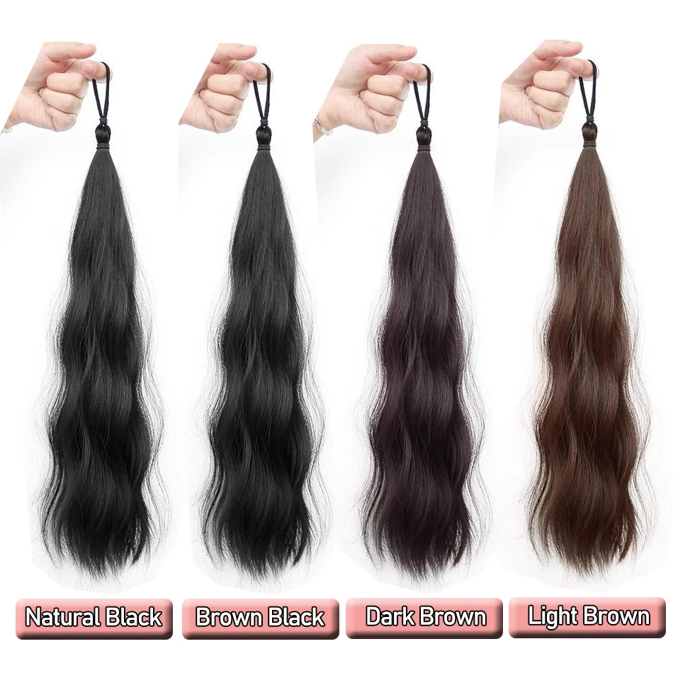 وصلات شعر صناعية طويلة متموجة ذاتية الملء على شكل ذيل حصان مع شريط مطاطي مرن حزمة شعر مضفرة للنساء تزيد من الشعر