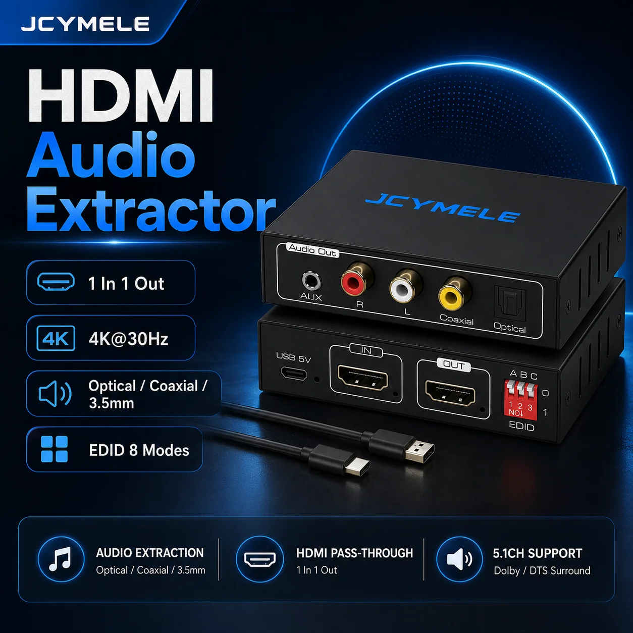 JCYMELE 4K HDMI Audio Extractor Splitter With Optical Coaxial And Stereo Output, 5.1CH DTS Dolby, 8 EDID Modes