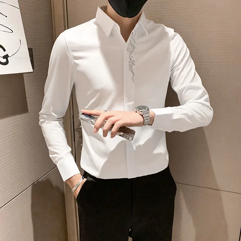 Two Piece Set Men Vintage Fashion Embroidery Business Casual Lapel Shirt Spring Autumn Male Elegant Solid Slim Formal Suit Pants