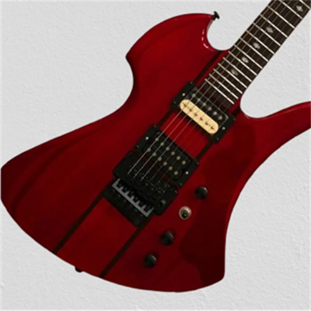 

Customize an irregularly shaped electric guitar with 6 strings, red color, and black hardware