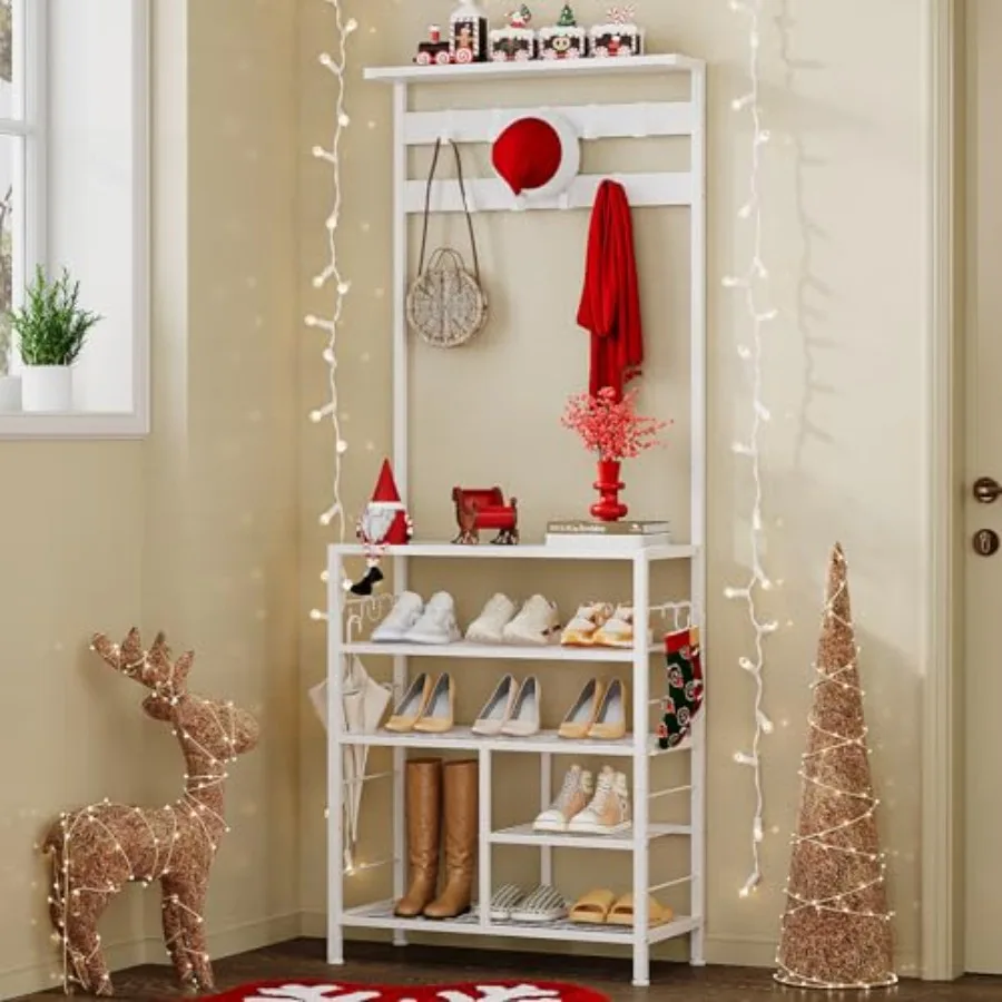 

Modern Large 5-Tier Hall Tree Entryway Wooden Shoes Rack Shelf Coat Rack with Movable 9 Metal Hooks Storage Organizer for Home