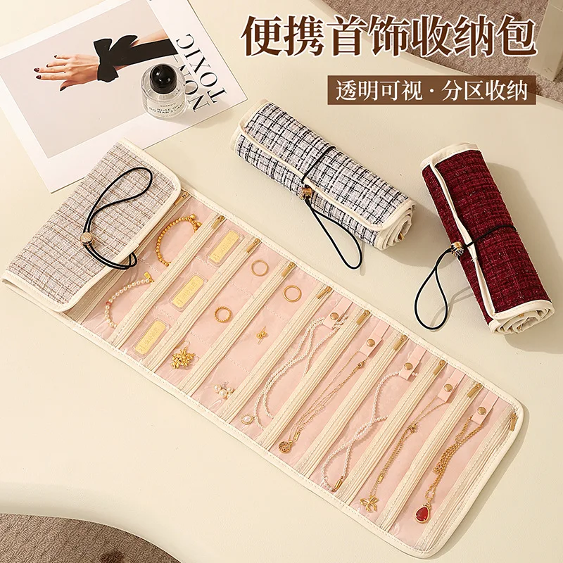 

Jewelry Storage Bag Cross-border Multi-layer Earrings Necklace Storage Box Portable Rollable Travel Jewelry Finishing Bag