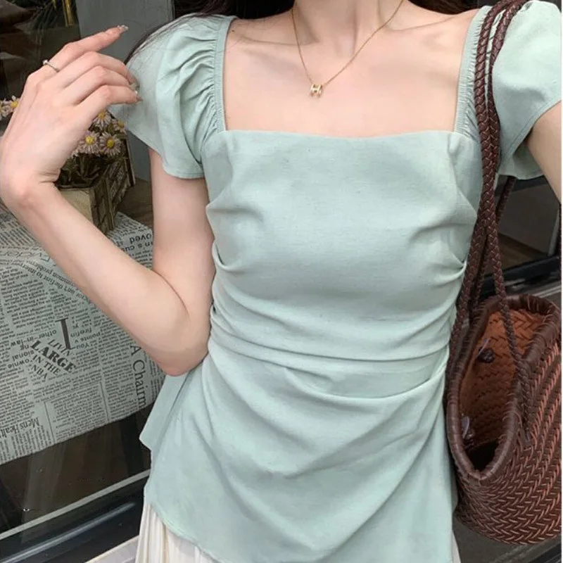 

Korean Style Fashion Versatile High-End Niche Square Neck Flutter Sleeve Shirt Women Summer New Waist-Slimming Top