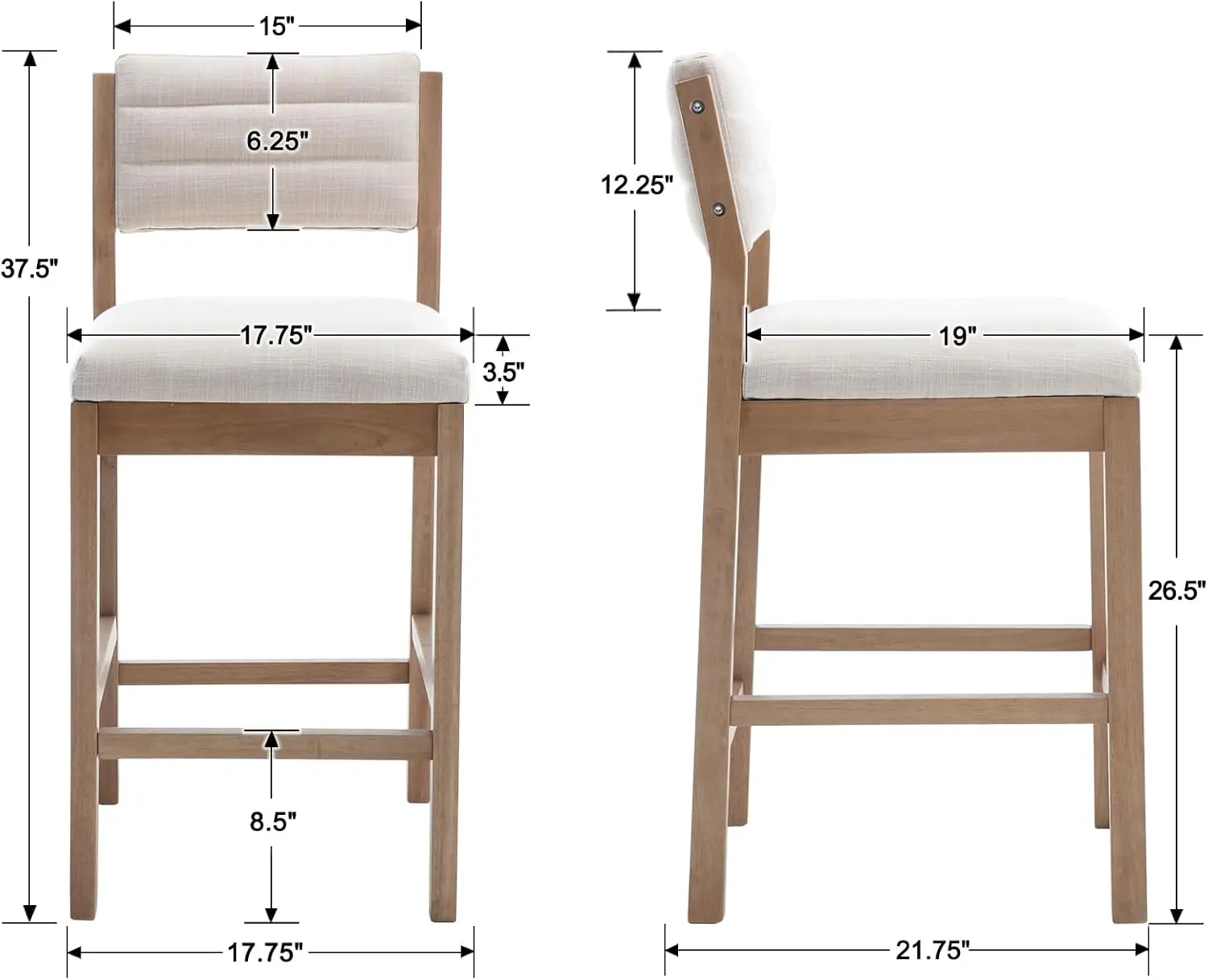 26” Bar Stools Set of 2 Linen Upholstered Kitchen Island Stools with Back Mid Century Rectangle Wood Barstools Countertop Bar Ch