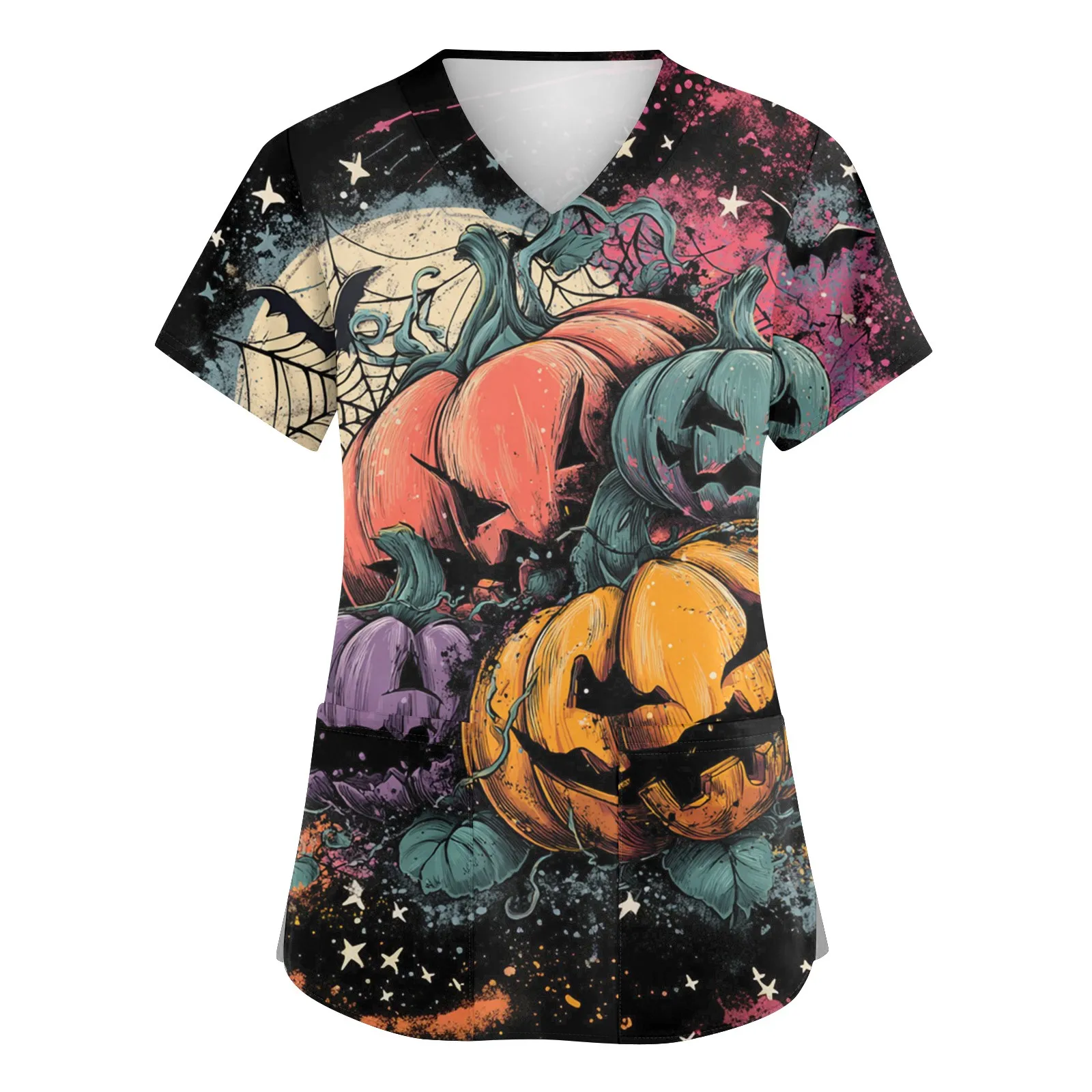 

Halloween Tops Short Sleeve Shirt T-Shirt Pullover Women'S Cross V Neck Pumpkin Head Print Pocket Caregiver Clothes Multicolor