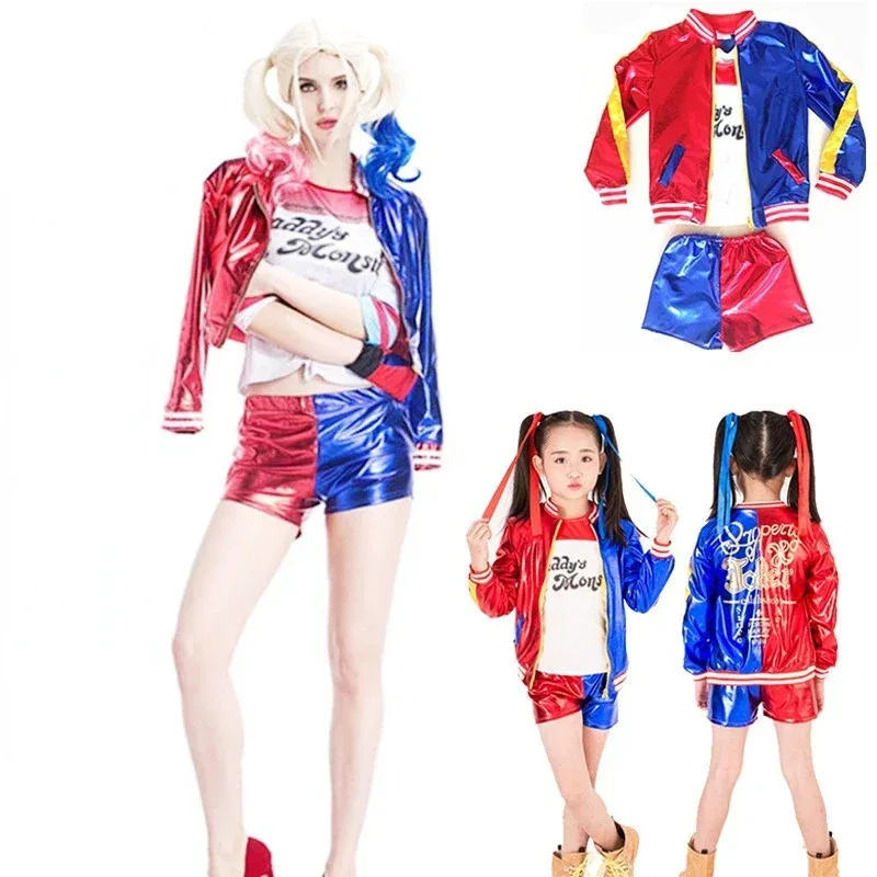 

Carnival Purim Kids Girls Harleen Quinzel Cosplay Costumes Joker Jacket Pants T-Shirt Sets Halloween Party Clothes