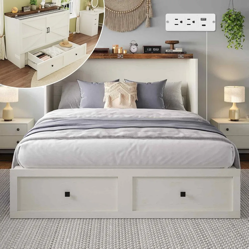 

Bed with Charging Station, Queen Size Cabinet Bed with Large Storage Drawer for Home Office or Small Room, Hideaway Full