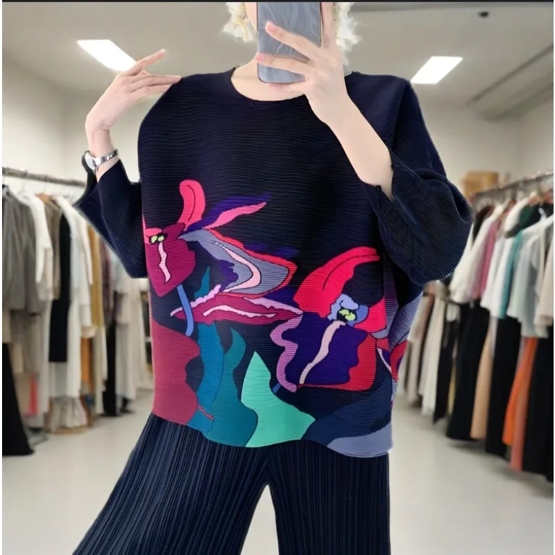 

Плиссированная футболка Miyake, футболка с длинными рукавами и круглым вырезом с принтом, свободная повседневная блузка с рукавами «летучая мышь», лето 2021, новая женская одежда