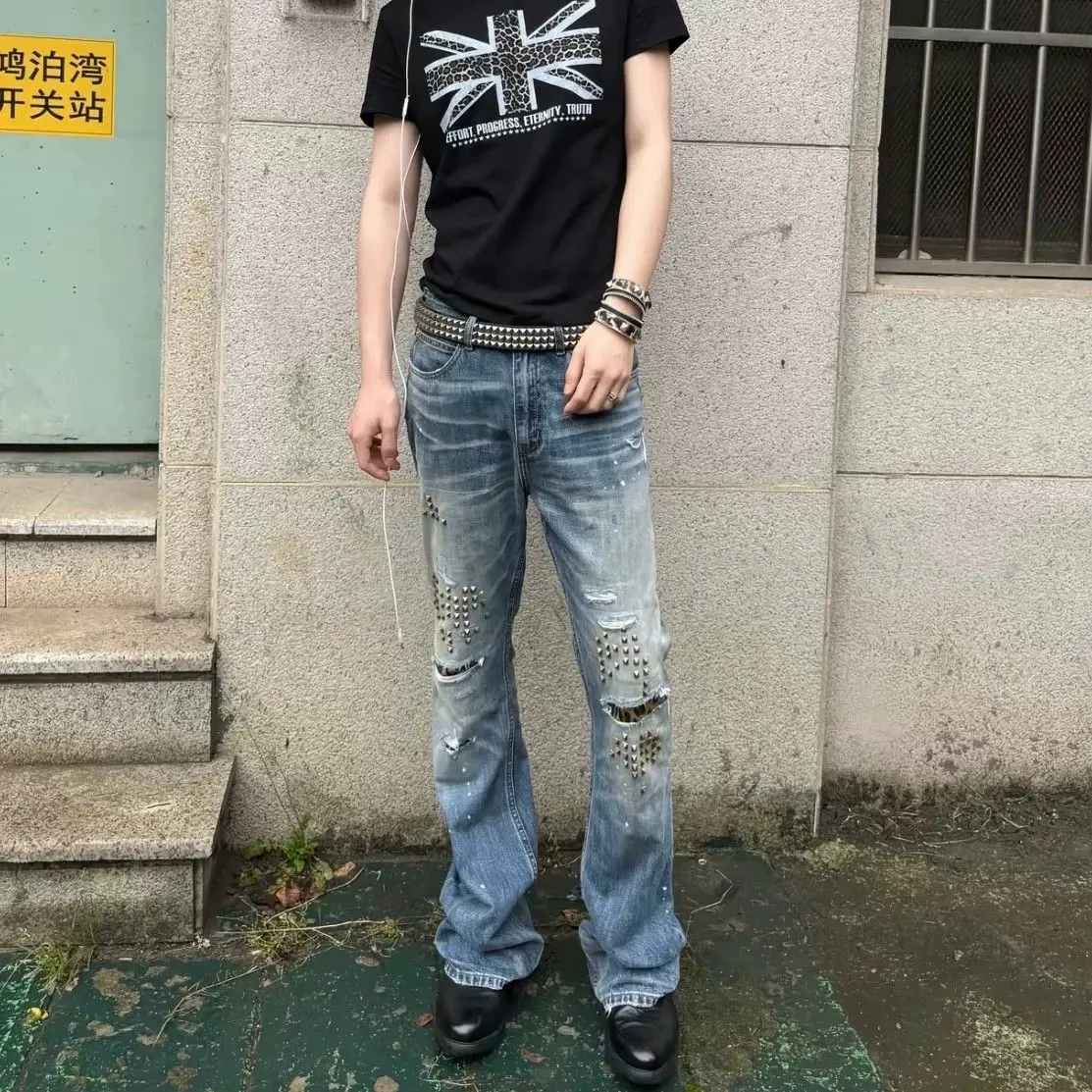 Men's Rivet Hole Leopard Print Blue Jeans Casual Pants Wide Legs Sweatpants Street Boys Bottom Male High Waist Unisex Trousers