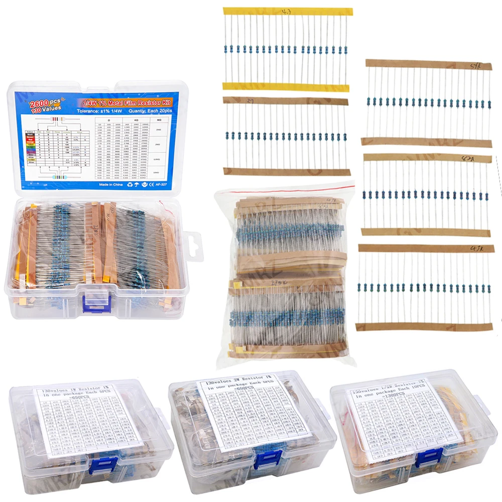 1/4W 1/8W 1/2W 1W 2W Metal Film Resistor Kit 130 Values 0.125W 0.25W 0.5W 1% Resistance Assortment Assorted Set Box 1/2W 1W 2W