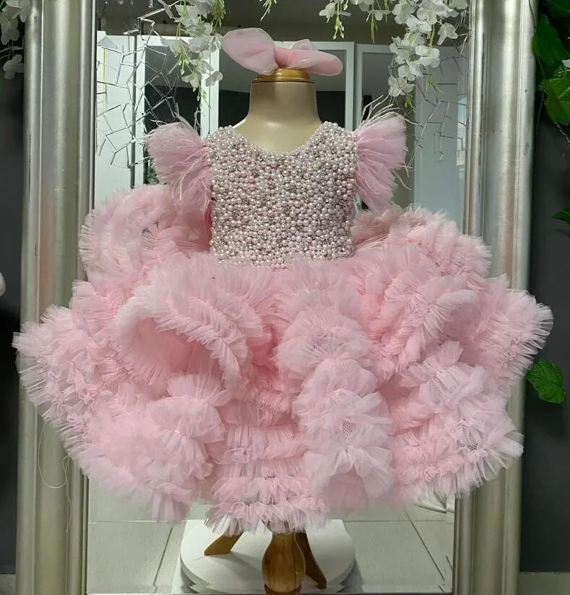 

Luxury Pink Puffy Kid Birthday Party Gown Tutu Tulle Dress Knee Length Customise First Communion Handmade Girls Gown Big Bow