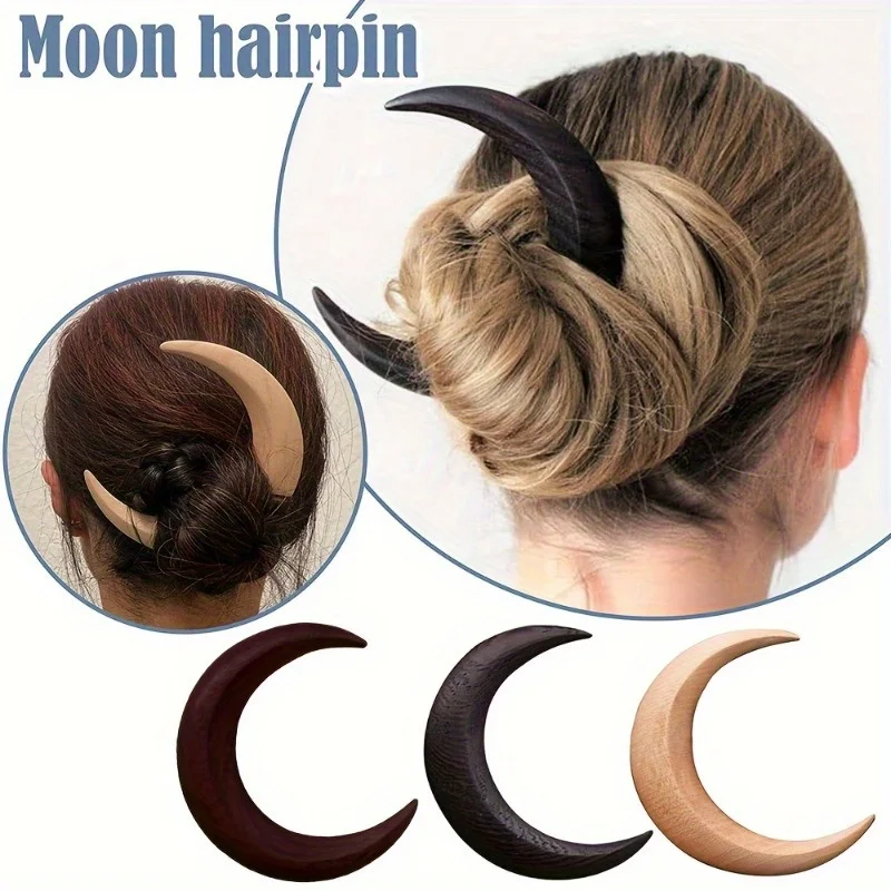 Wooden Moon Hair Stick - Carved Crescent Moon Hair Fork for Women - Stylish and Easy to Use Hair Accessory