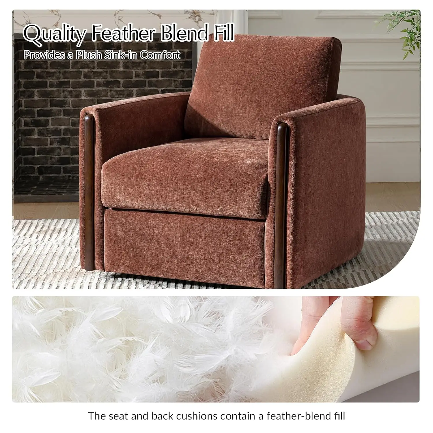 Swivel Accent Chairs Set of 2 with Wood Armrests and Feather-Blend Filling, Modern Barrel Chairs with Swivel Base, Chenille Acce