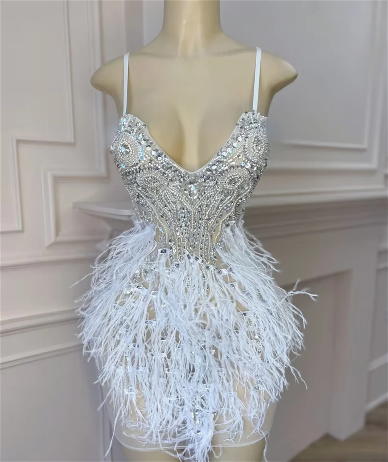 White Feather Cocktail Dress Suspender Mini Prom Party Gown Gorgeous Crystal Diamond Premium Sexy New Style 2023