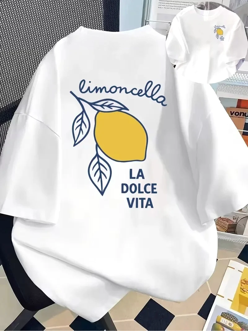 Dolce Vita Zitronen-Grafik-T-Shirt für Damen, Vorder- und Rückseite mit italienischem Sommer-Print, O-Ausschnitt, kurze Ärmel, alltagstauglich, günstige Kleidung – Detail 4