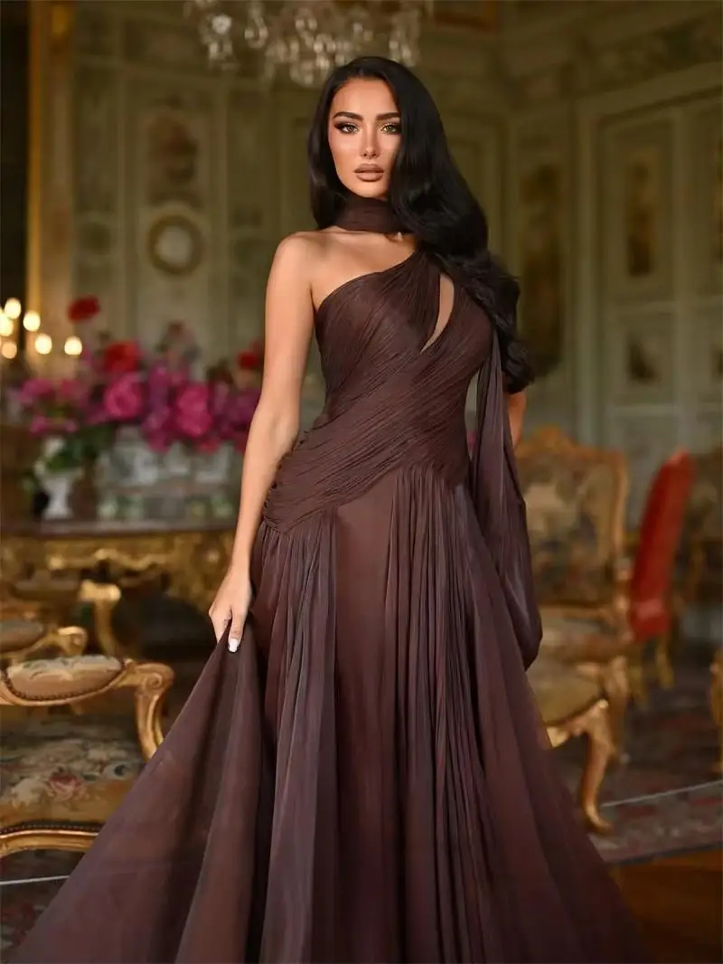 

Brown Chiffon One Shoulder Prom Dress Saudi Arabia Sleeveless A-Line 2026 Floor-Length Pleated Bespoke Occasion Gown Customized