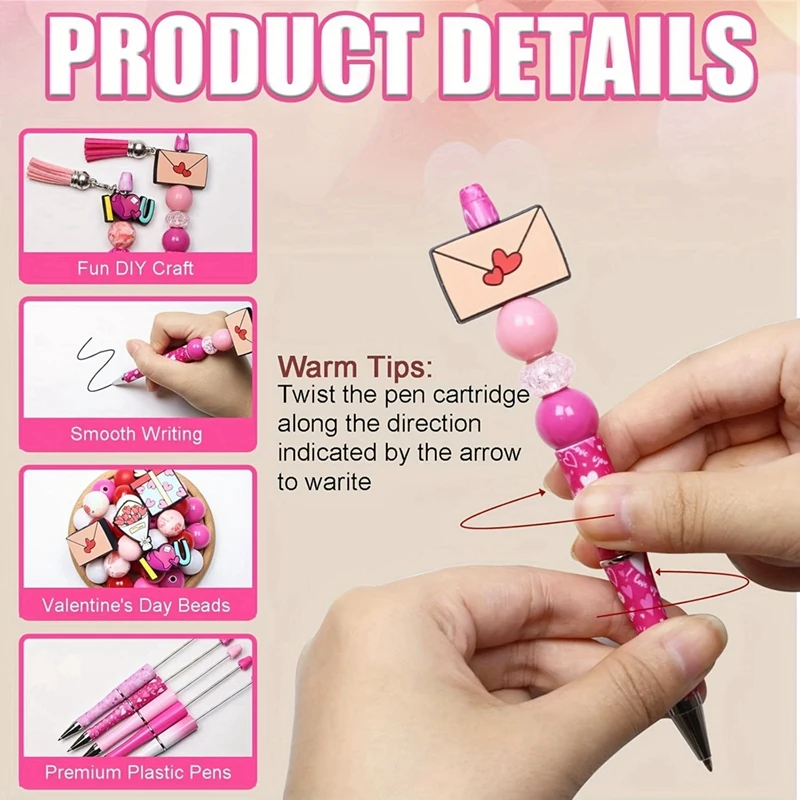 15 Set Valentine's Day Beadable Pens, DIY Bead Pens Bulk Plastic Bead Pens For DIY Present Students Teens School Office