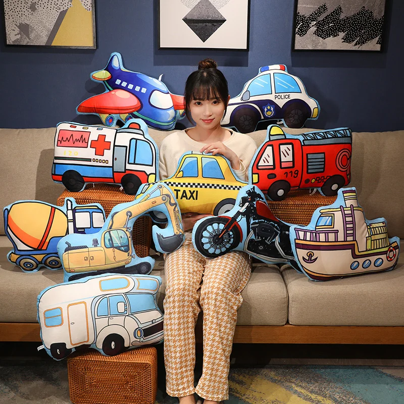 

Funny Transport Vehicle Plush Toys Stuffed Printing Plane Police Car Taxi Motorcycle Throw Pillow Cozy Back Cushion Home Decor