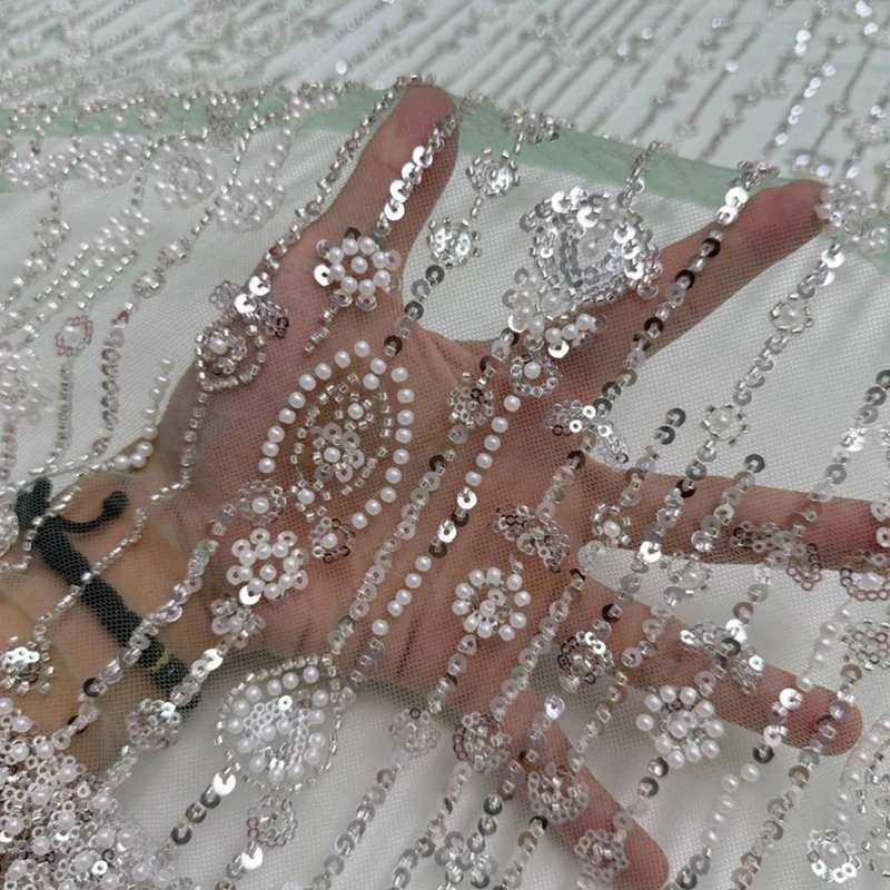 1yard Verticale Gestreepte Bloemen Pailletten Geborduurde Tule Mesh Stof Banket Jurk Prestaties Kostuum Trouwjurk DIY Naaien