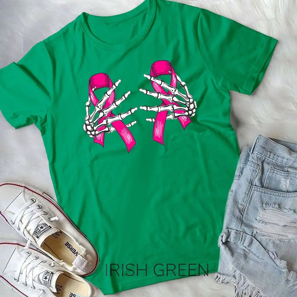 Boob Skeleton Hand On Breast Cancer Ribbon Halloween Womens Unisex T-shirt