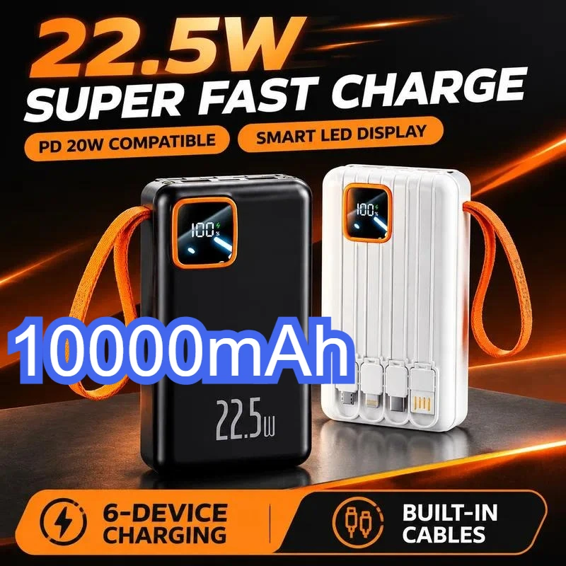 22.5W Fast Charging Power Bank with Intelligent Digital Display 4 Built in Cables Charge 6 Devices Simultaneously LED Light