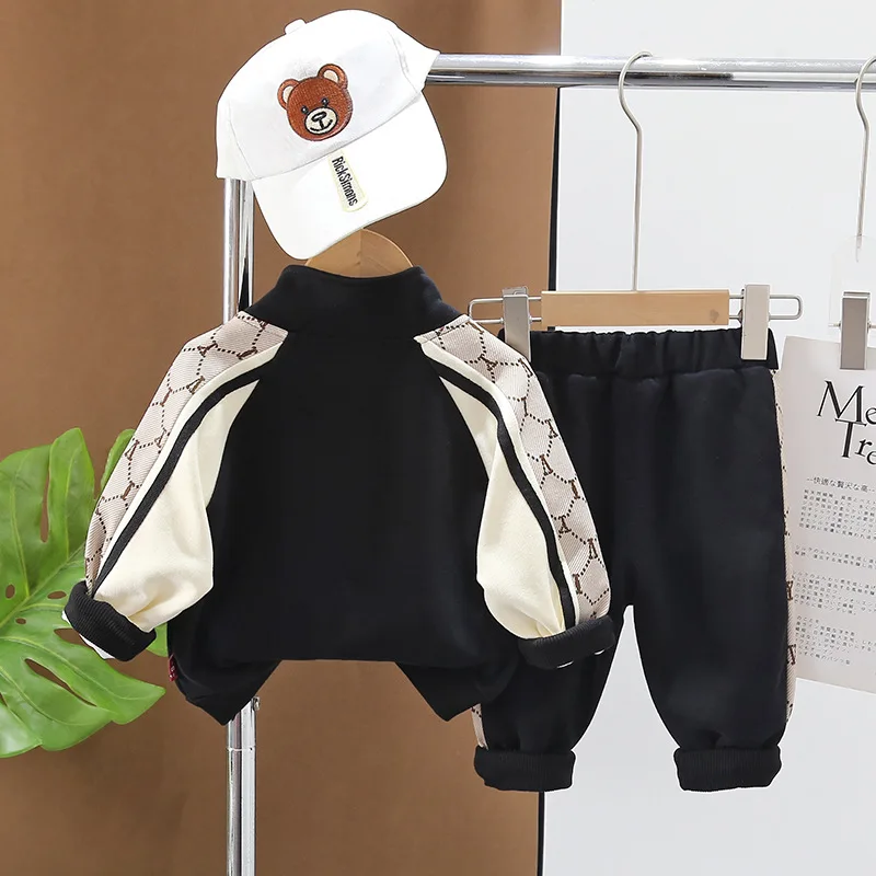 Autumn 1-5 Years Kids Boys 3PCS Clothes Set Letter Cotton Tops Badge Patchwork Sleeve Coat Loose Pants Suit Toddler Boys Outfits