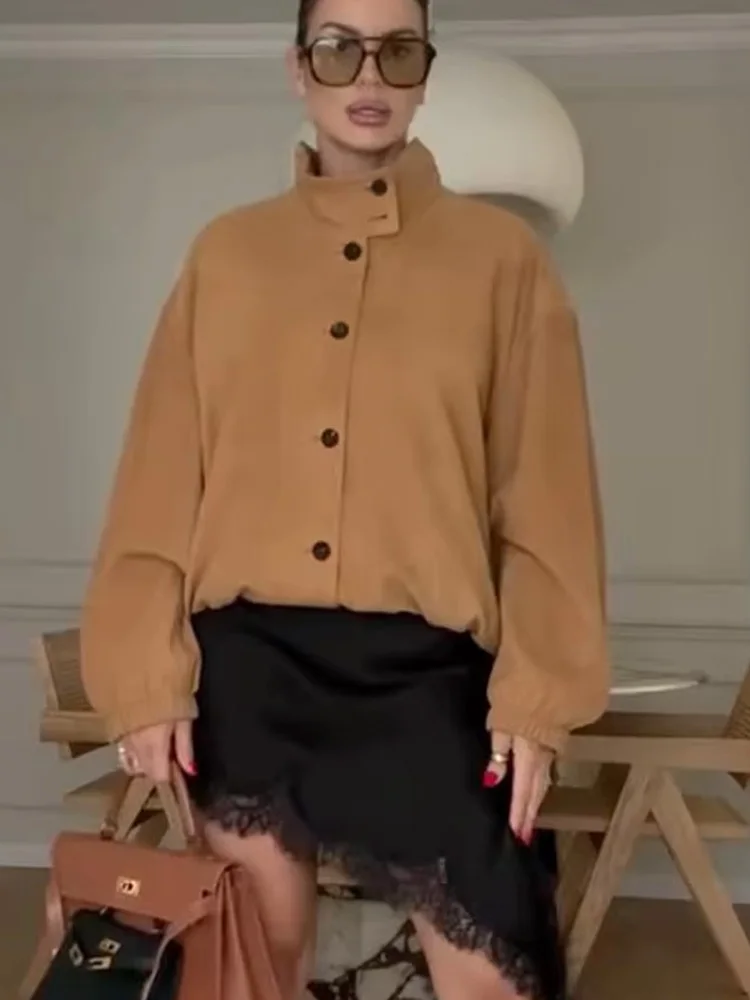 

HH женская шикарная однобортная свободная куртка с высоким воротником, осенняя женская элегантная повседневная короткая куртка в уличном стиле