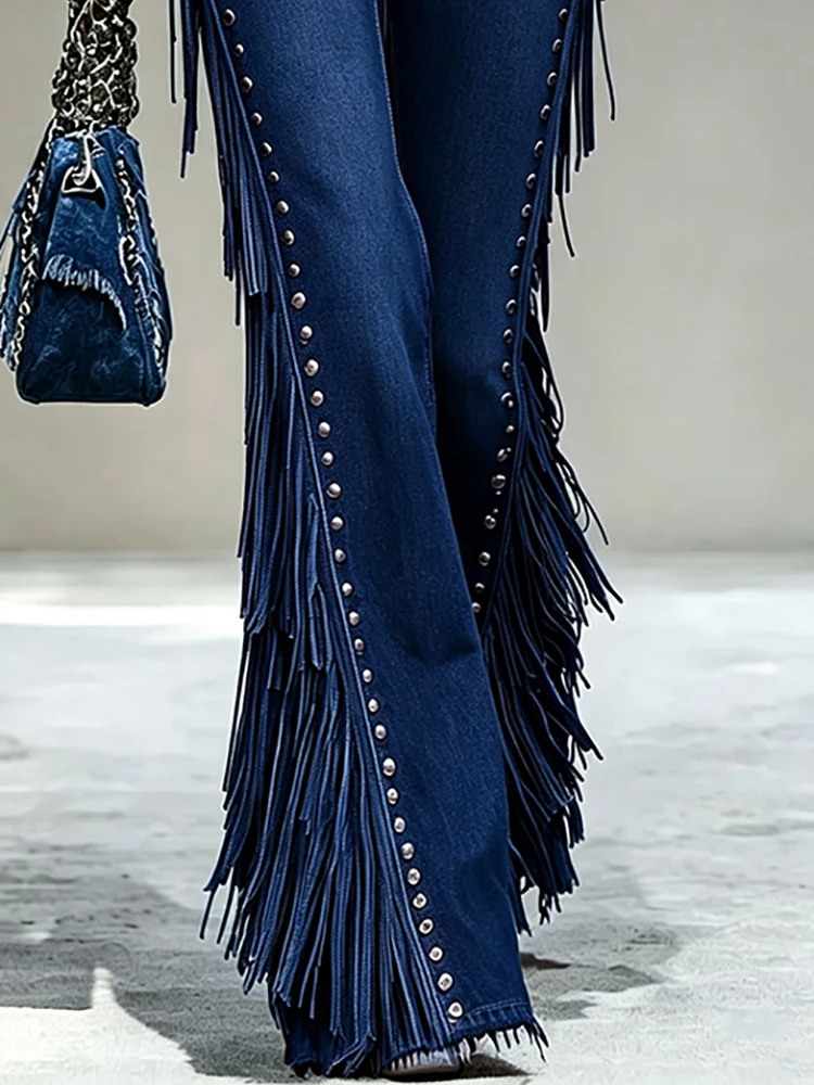 Women's High Waist Flare Faux Denim Jeans Western Style Fringe Tassel Rivet Stud Decor Denim Bell‑Bottom Pants Country Trousers