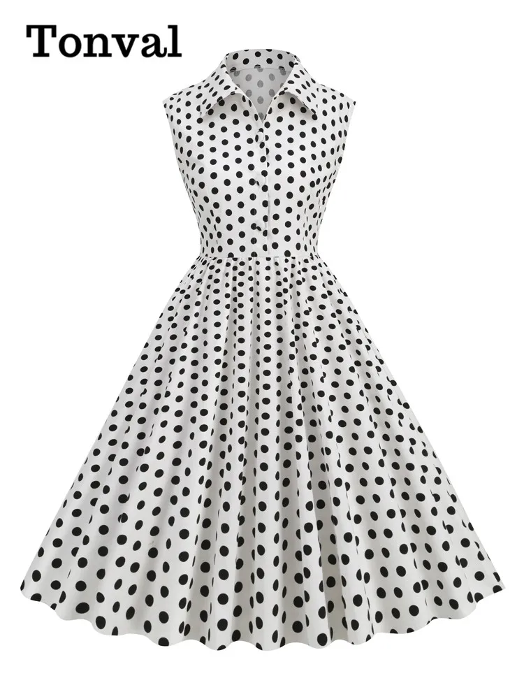 Tonval Turn Down Collar Button Up Sleeveless Summer Shirt Dress for Women Cotton Polka Dot Vintage Pinup Pleated Long Dresses