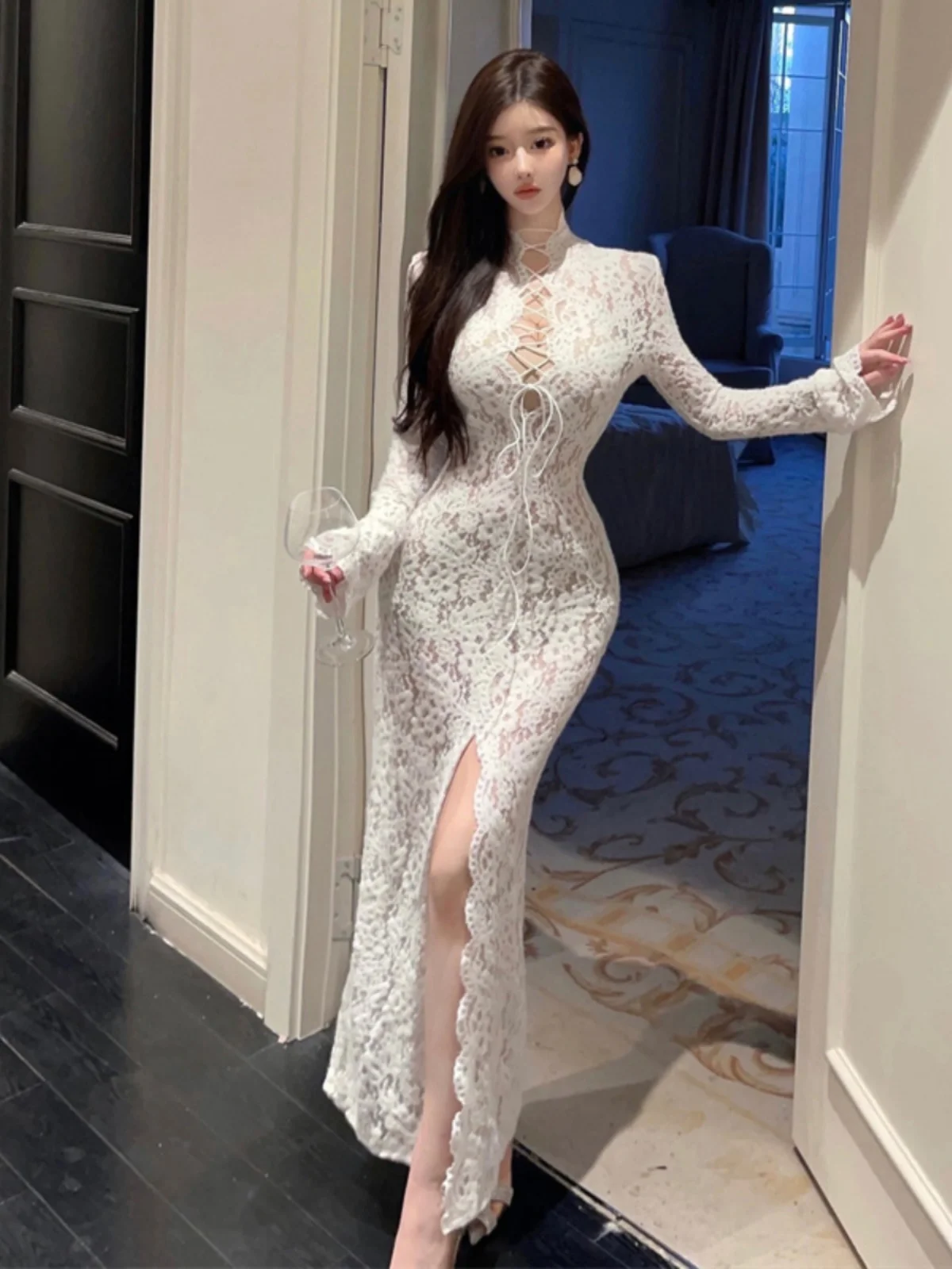 

Ele Sexy Lace Dr Deep V Ne Пояс с вырезом на талии Длинная юбка с разрезом Pure Desire Высокая талия Кружевной хлопок Bell Sve