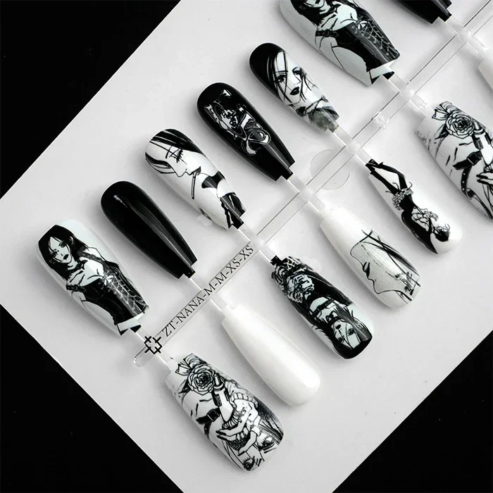 Oosaki Nana Anime Black White Manga Style Fake Nail Cartoon Long Coffin Ballerina False Nails Popular Otaku Nail Art Accessories