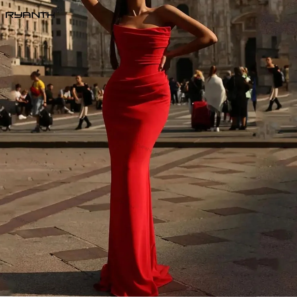 

Charming Red Strapless Evening Gown Sleeveless Backless Prom Dress 2024 Mermaid Satin Vestidos De Gala Mujer