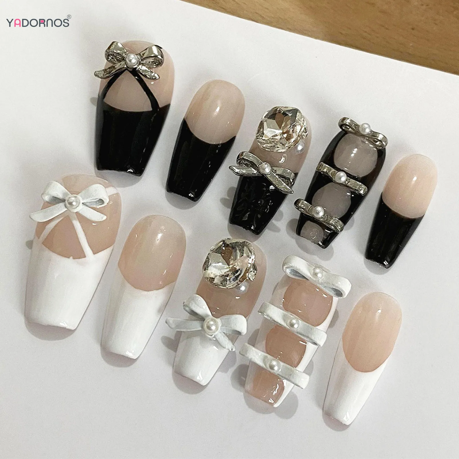 화이트 발레 가짜 손톱, 3D 나비 매듭 디자인, 웨어러블 가짜 손톱 팁, 다이아몬드 장식, DIY 매니큐어, 블랙 프렌치 프레스