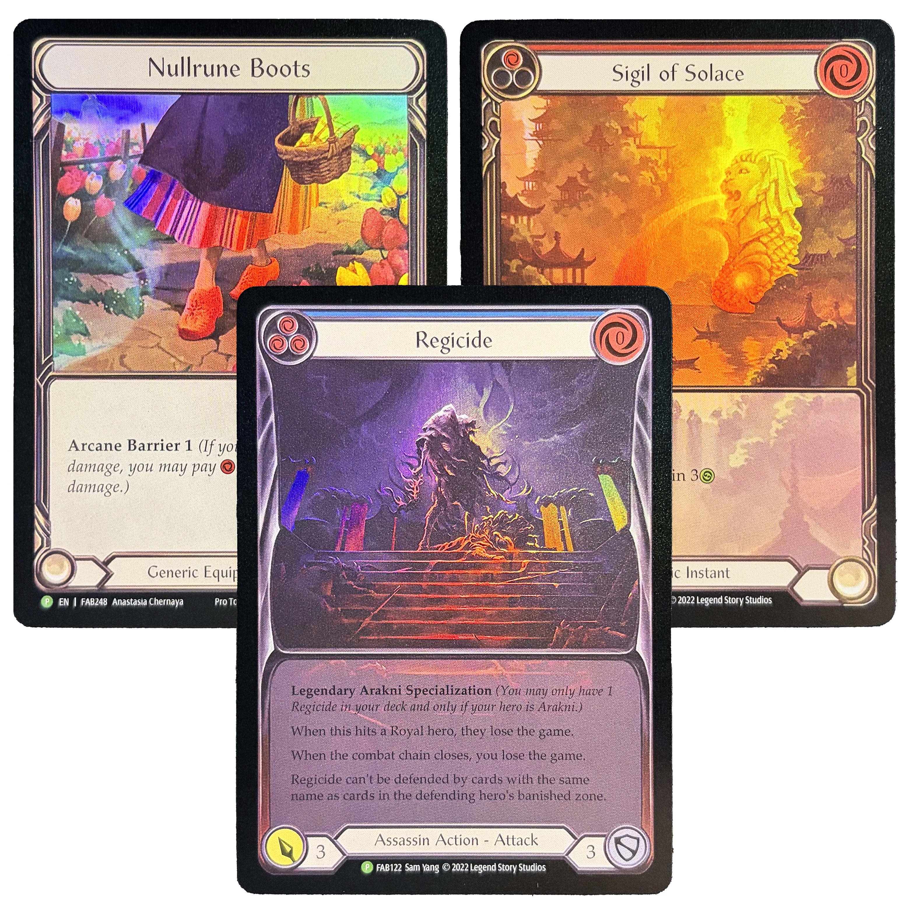 

Редкие промо-карты FAB с радужным фольгированием: Regicide/Nullrune Boots/Sigil of Solace/Heartbeat/Tarantula Toxin для коллекционеров и любителей