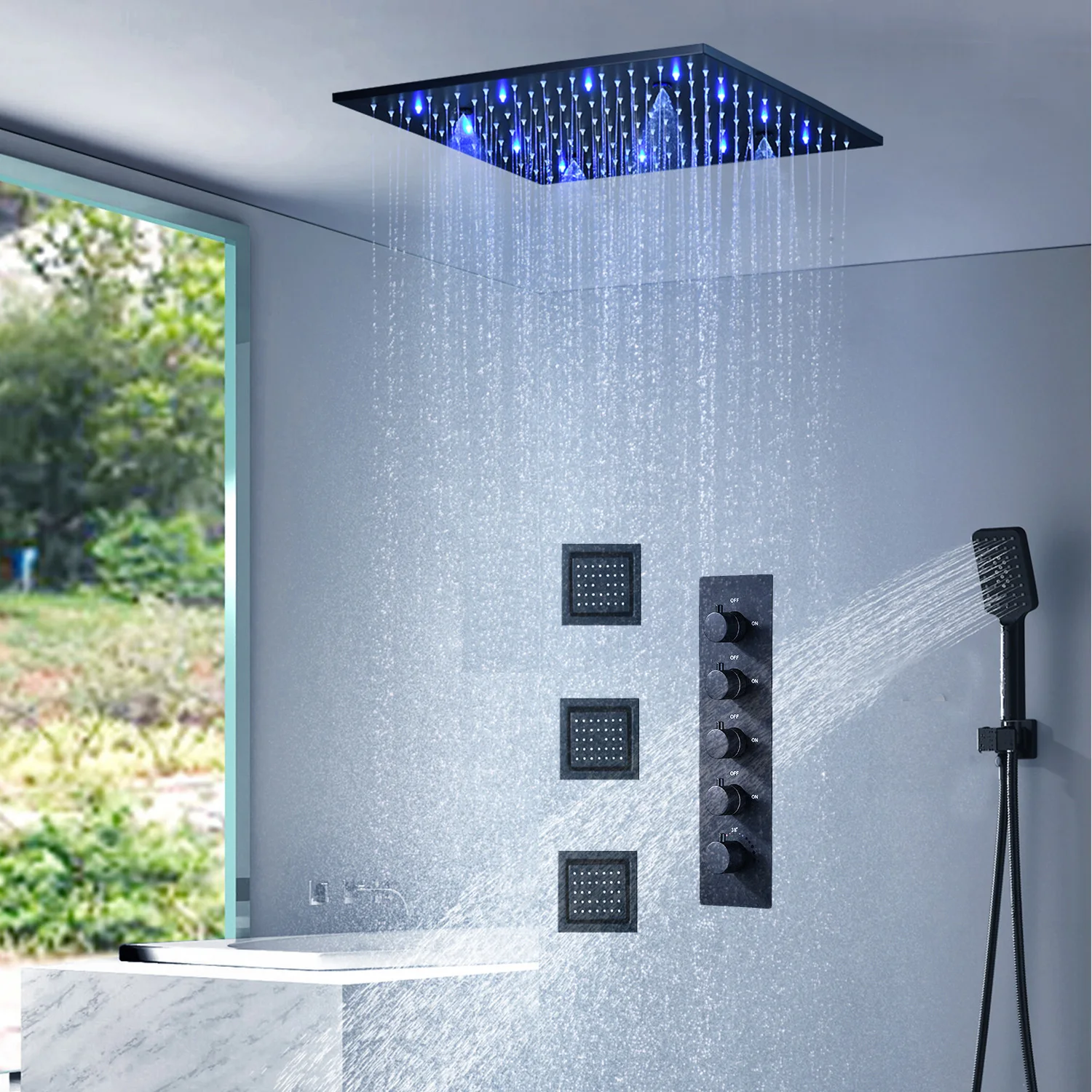 hm High Quality Bathroom LED Shower Set 20Inches Spray Rainfall Shower Head Panel Side Jets Thermostatic Mixer Faucets System