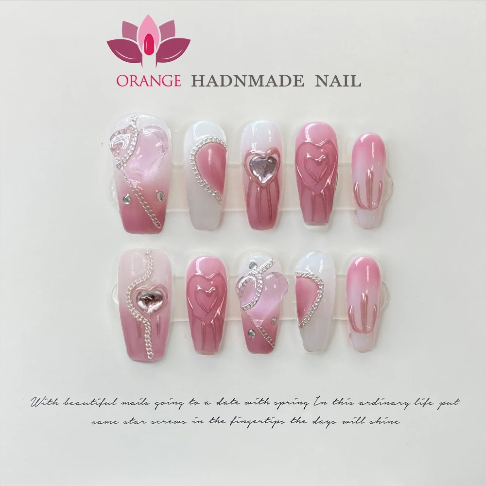 Pink Handmade Nails Press on Full Cover Manicuree Heart False Nails Japanese Wearable Artificial With Designs Orange Nails Store