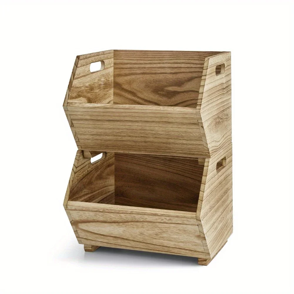 Nice Adult Natural Wood Stacking Storage Bin Set 2-Piece, Suitable For Gardens, Living Rooms, Study Rooms, Bedrooms