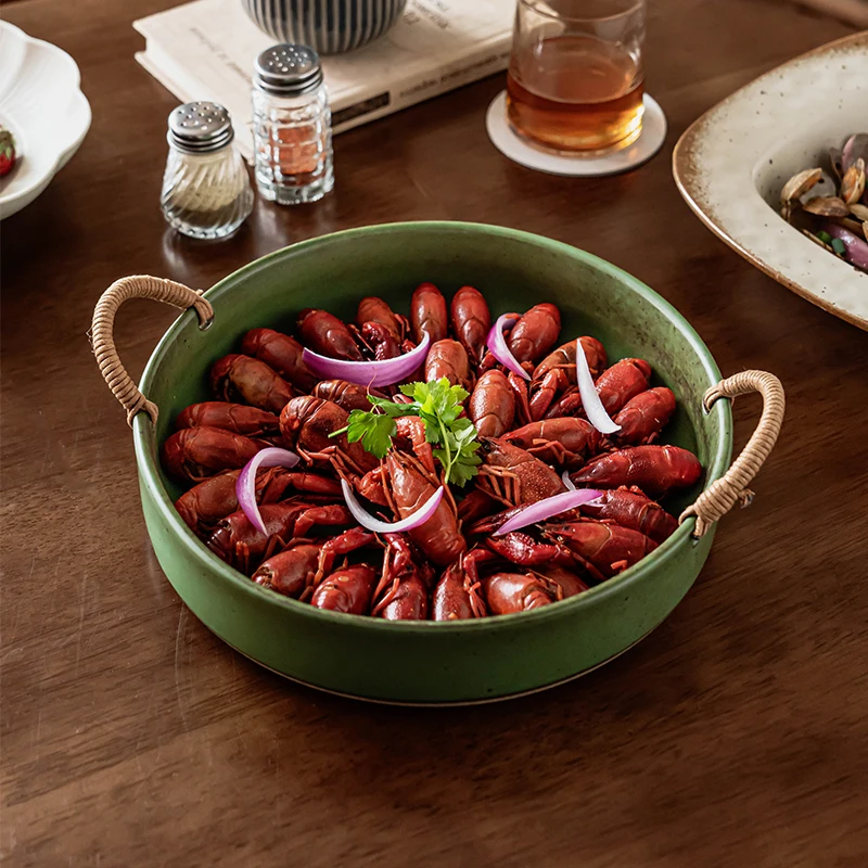 

Retro Coarse Pottery Double Ear Plate High Aesthetic Value Super Practical Tableware Crayfish Plate Household Deep Plate