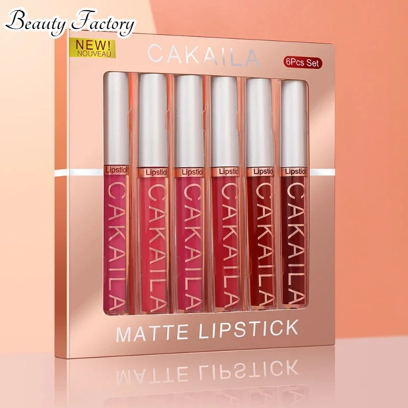 6-delige lippenstiftset Matte lipgloss Waterdicht Langdurig Lipglazuur Tint Vloeibare lippenstift Anti-aanbak Cup Make-up Schoonheid Cosmetica