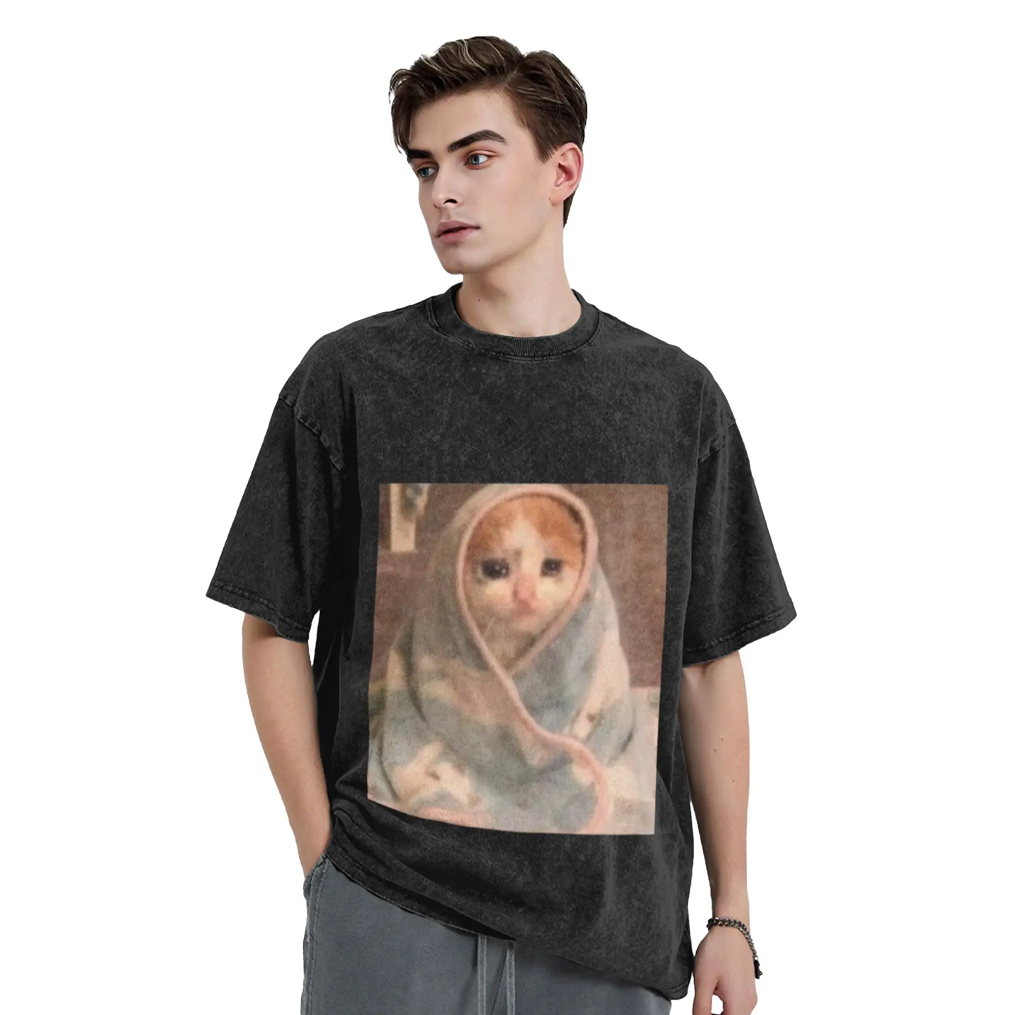 sad cat but cozy Unique Cool A Vintage Oversized Cotton Unisex T-Shirts