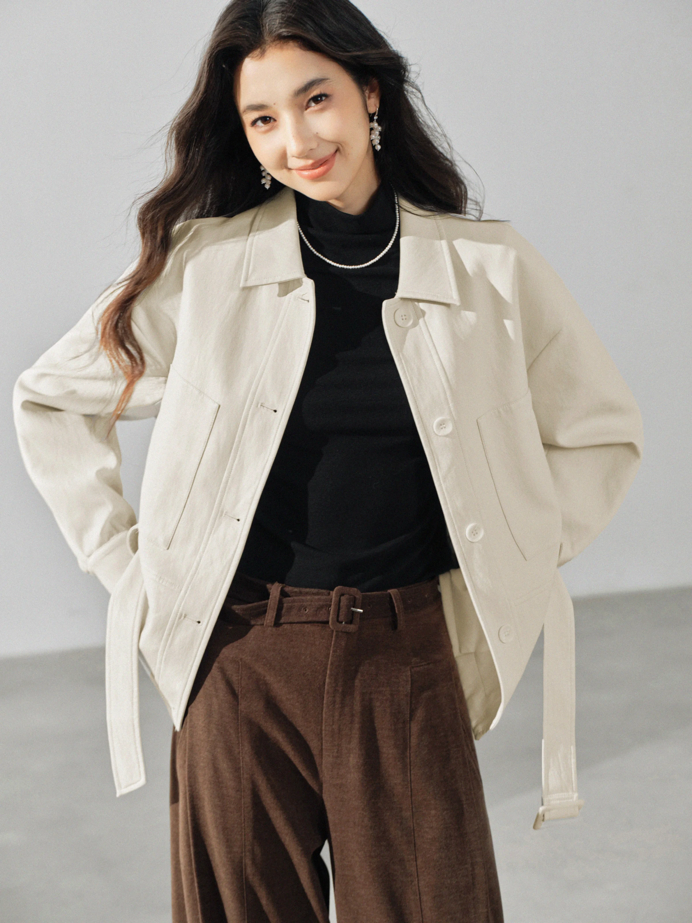 Leather Jacket Women Belted Waist Short Coat Vintage Lapel Outerwear for Autumn Office Chic Fashion Elegant Casual Retro Look