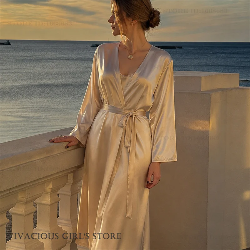 Elegant Champagne Long Robe Nightgown 2PCS Set Spring Summer Sleepwear Kimono Bathrobe Gown Loose Silky Satin Homewear Lingerie