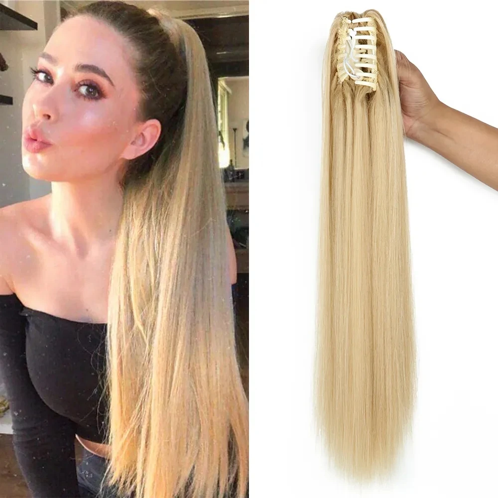 MyDiva Synthetic Long Straight Claw Clip On Ponytail Hair Extensions 24Inch Heat Resistant Pony Tail Hair piece For Women Daily